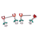 14G 9/16 Red CZ Gem Hearts And Roses Dangle Nipple Ring Set
