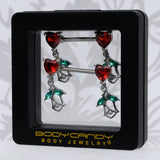 14G 9/16 Red CZ Gem Hearts And Roses Dangle Nipple Ring Set
