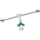14G Clear CZ Gem Heart And Rose Dangle Industrial Barbell 38mm