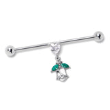 14G Clear CZ Gem Heart And Rose Dangle Industrial Barbell 38mm