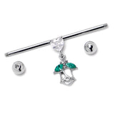 14G Clear CZ Gem Heart And Rose Dangle Industrial Barbell 38mm