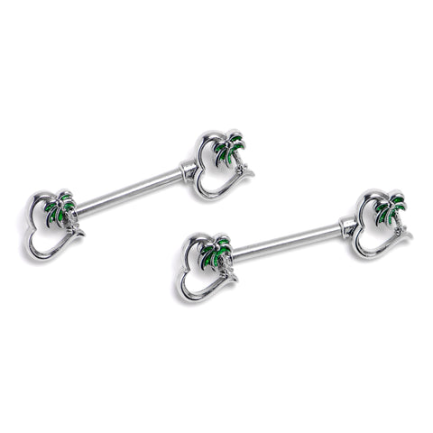 14G 9/16 Palm Tree Love Hearts Barbell Nipple Ring Set