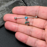 14G Blue CZ Gem Heart And Rose Dangle Industrial Barbell 38mm
