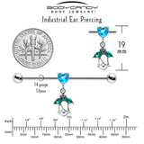 14G Blue CZ Gem Heart And Rose Dangle Industrial Barbell 38mm