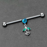 14G Blue CZ Gem Heart And Rose Dangle Industrial Barbell 38mm
