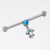 14G Blue CZ Gem Heart And Rose Dangle Industrial Barbell 38mm