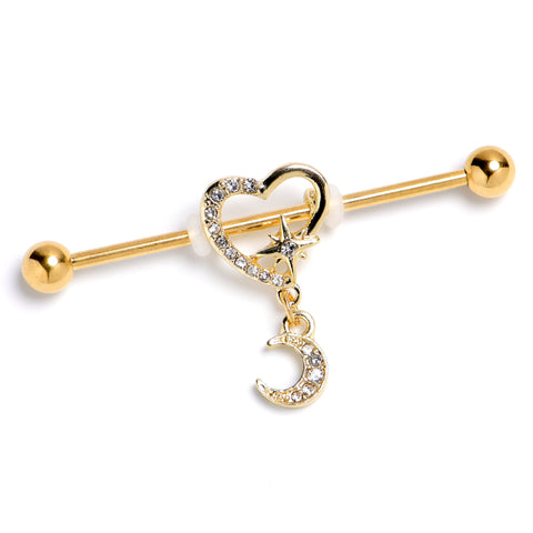 14G Clear Gem Gold Tone Heart Moon Dangle Industrial Barbell 38mm