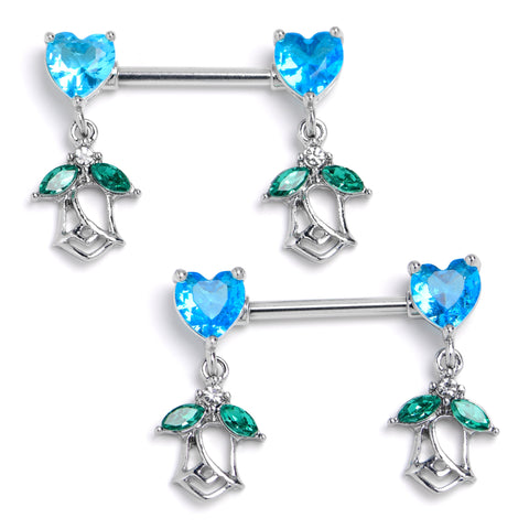 14G 9/16 Blue Green Gem Hearts And Roses Dangle Nipple Ring Set