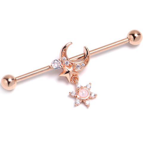 14G Clear CZ Gem Rose Gold Tone Moon Star Industrial Barbell 38mm