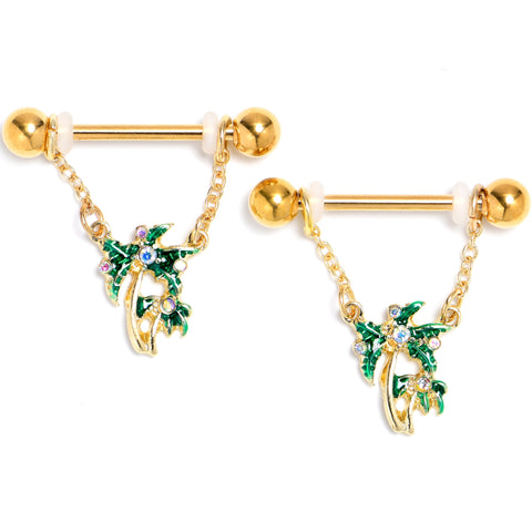 14G 9/16 Aurora Gem Gold Tone Palm Tree Glam Dangle Nipple Ring Set