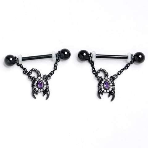 14G 9/16 Purple Gem Black Goth Scorpion Dangle Nipple Ring Set