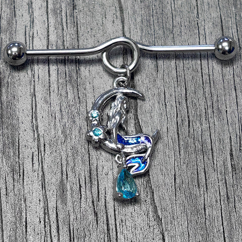 14G Blue Gem Floral Mermaid Moon Dangle Project Bar 38mm