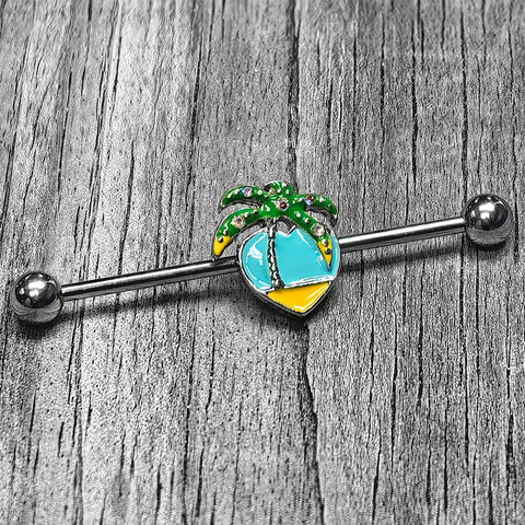 14G Beach Heart Palm Tree Industrial Barbell 38mm