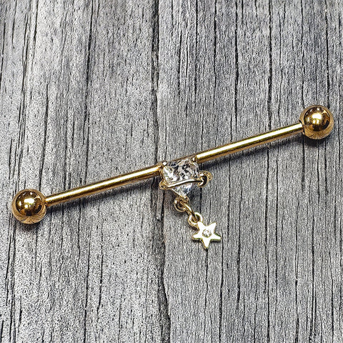 14G Clear Gem Gold Tone Starry Saturn Dangle Industrial Barbell 38mm