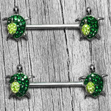 14G 9/16 Green Gem Turtle World Barbell Nipple Ring Set