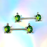 14G 9/16 Green Gem Turtle World Barbell Nipple Ring Set