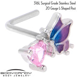 20G 1/4 Pink CZ Gem Heart Butterfly L Shape Nose Ring