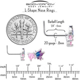 20G 1/4 Pink CZ Gem Heart Butterfly L Shape Nose Ring