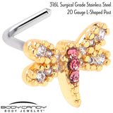 20G 1/4 Pink Clear Gem Dragonfly Drama L Shape Nose Ring