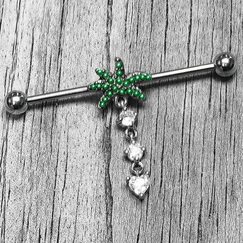 14G Clear Gem Palm Tree Love Dangle Industrial Barbell 38mm