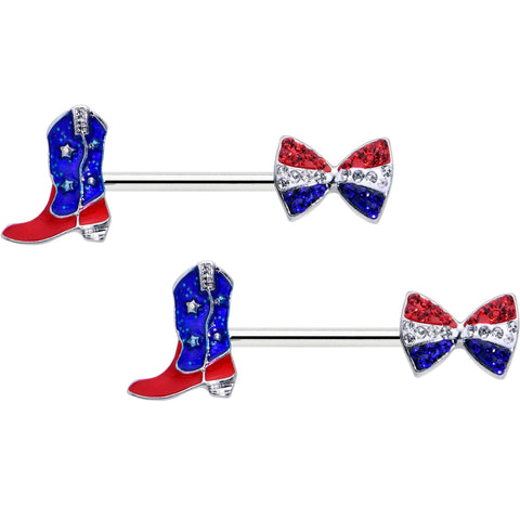 14G 9/16 Red Blue Gem Bow Cowboy Boot Patriotic Nipple Ring Set