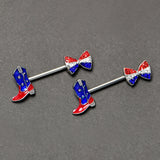 14G 9/16 Red Blue Gem Bow Cowboy Boot Patriotic Nipple Ring Set