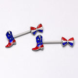 14G 9/16 Red Blue Gem Bow Cowboy Boot Patriotic Nipple Ring Set