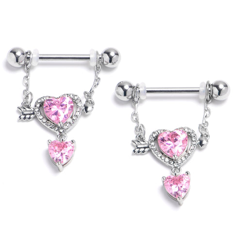 14G 9/16 Pink CZ Gem Fusion Of Love Arrow Heart Dangle Nipple Ring Set