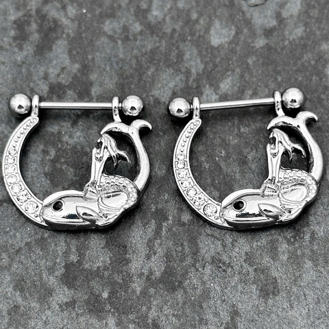 14G 9/16 Clear Black Gem Riding Mermaid Dangle Nipple Ring Set