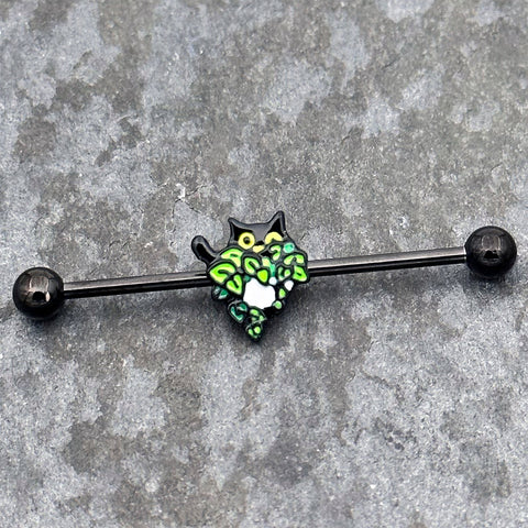 14G Black Pouncing Cat Industrial Barbell 38mm