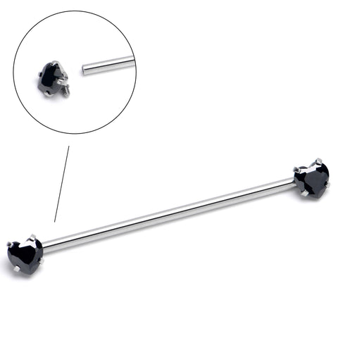 14G Black CZ Gem Heart Internally Threaded Industrial Barbell 38mm