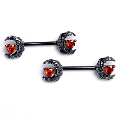 14G 9/16 Red Gem Black Heart Scroll Moon Barbell Nipple Ring Set
