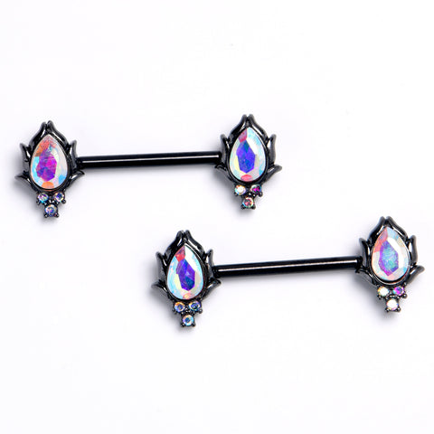 14G 9/16 Aurora CZ Gem Black Dream Drop Barbell Nipple Ring Set