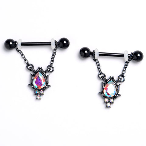 14G 9/16 Aurora CZ Gem Black Dream Drop Dangle Nipple Ring Set