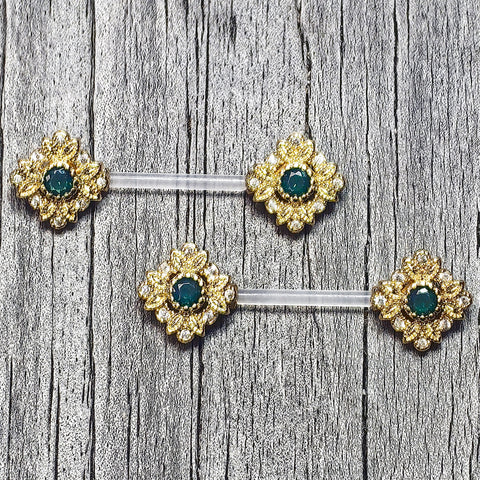 14G 9/16 Blue Gem Bioplast Deco Age Barbell Nipple Ring Set