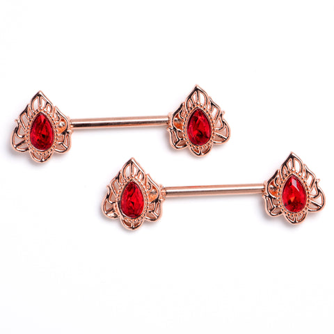 14G 9/16 Red Gem Rose Gold Tone Firey Flame Barbell Nipple Ring Set