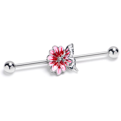 14G Clear CZ Gem Butterfly Blossom Pink Industrial Barbell 38mm