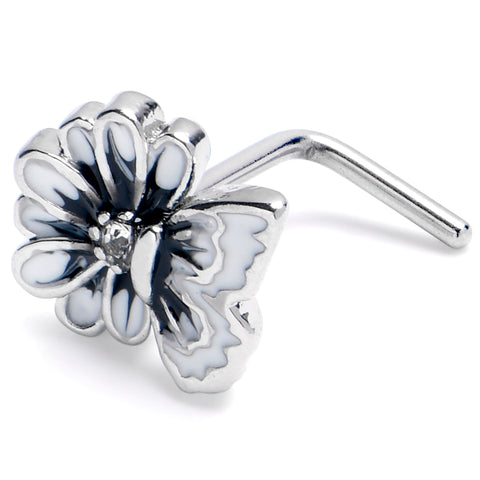 20G 1/4 Clear CZ Gem Butterfly Blossom White L Shape Nose Ring