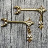 14G 9/16 Clear Gem Gold Tone Celestial Glam Dangle Nipple Ring Set