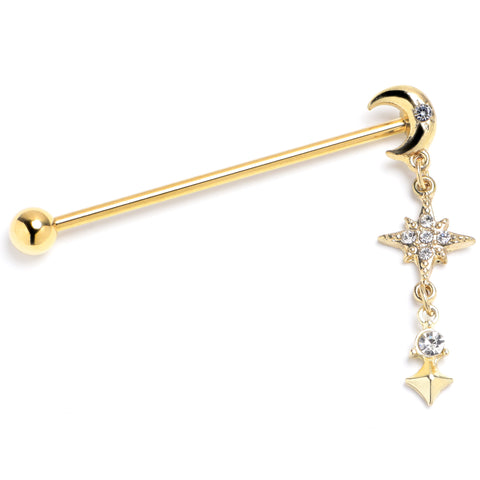 14G Clear Gem Gold Tone Celestial Glam Industrial Barbell 38mm