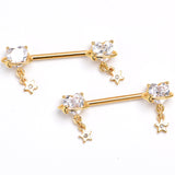 14G 9/16 Clear Gem Gold Tone Starry Heart Dangle Nipple Ring Set