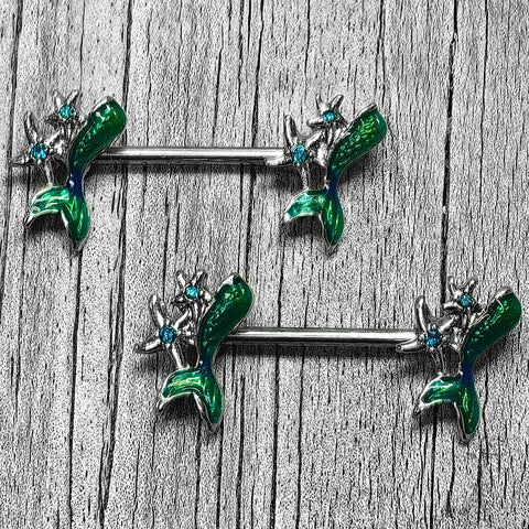 14G 9/16 Green Gem Blue Mermaid Tail Stars Barbell Nipple Ring Set
