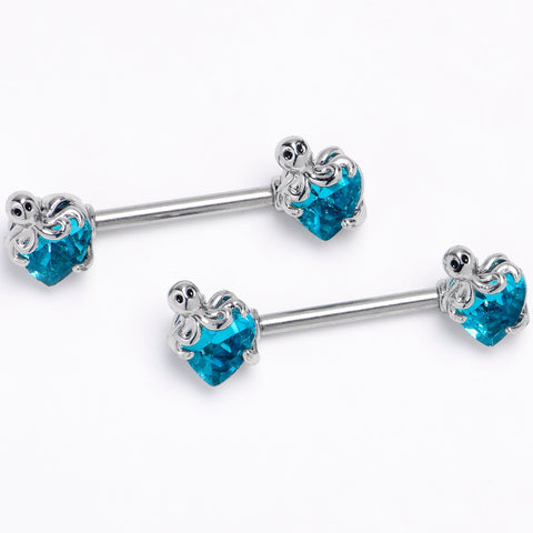 14G 9/16 Blue Gem Octopus Heart Barbell Nipple Ring Set