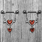 14G 9/16 Red Gem Fusion of Love Arrow Heart Dangle Nipple Ring Set