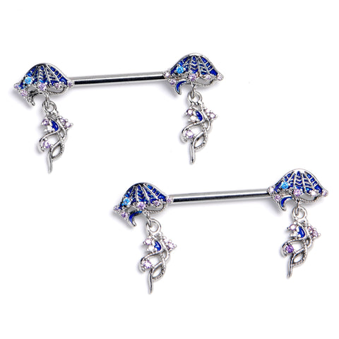14G 9/16 Blue CZ Gem Jellyfish Blue Dangle Nipple Ring Set