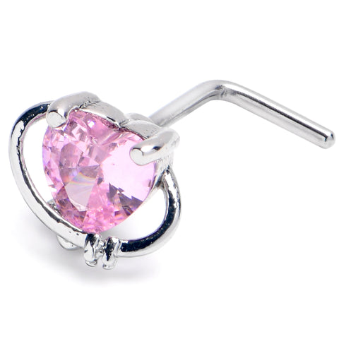 20G 1/4 Pink CZ Gem Heart Saturn L Shape Nose Ring