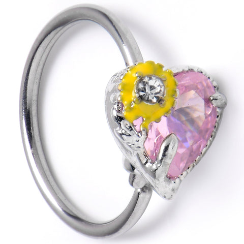 20G 5/16 Pink Clear Gem Sunflower Heart Love Nose Hoop