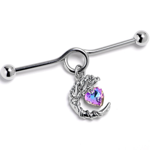 14G Aurora Gem Leafy Moon Heart Dangle Project Bar 38mm