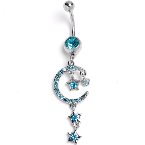 Blue Gem Crescent Moon and Stars Dangle Internally Threaded Belly Ring