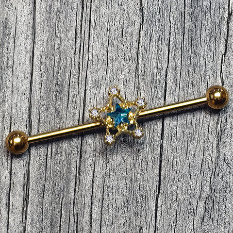 14G Blue Clear Gem Gold Tone Starry Glam Industrial Barbell 38mm